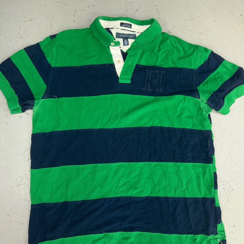 Green and Navy Striped Polo Shirt